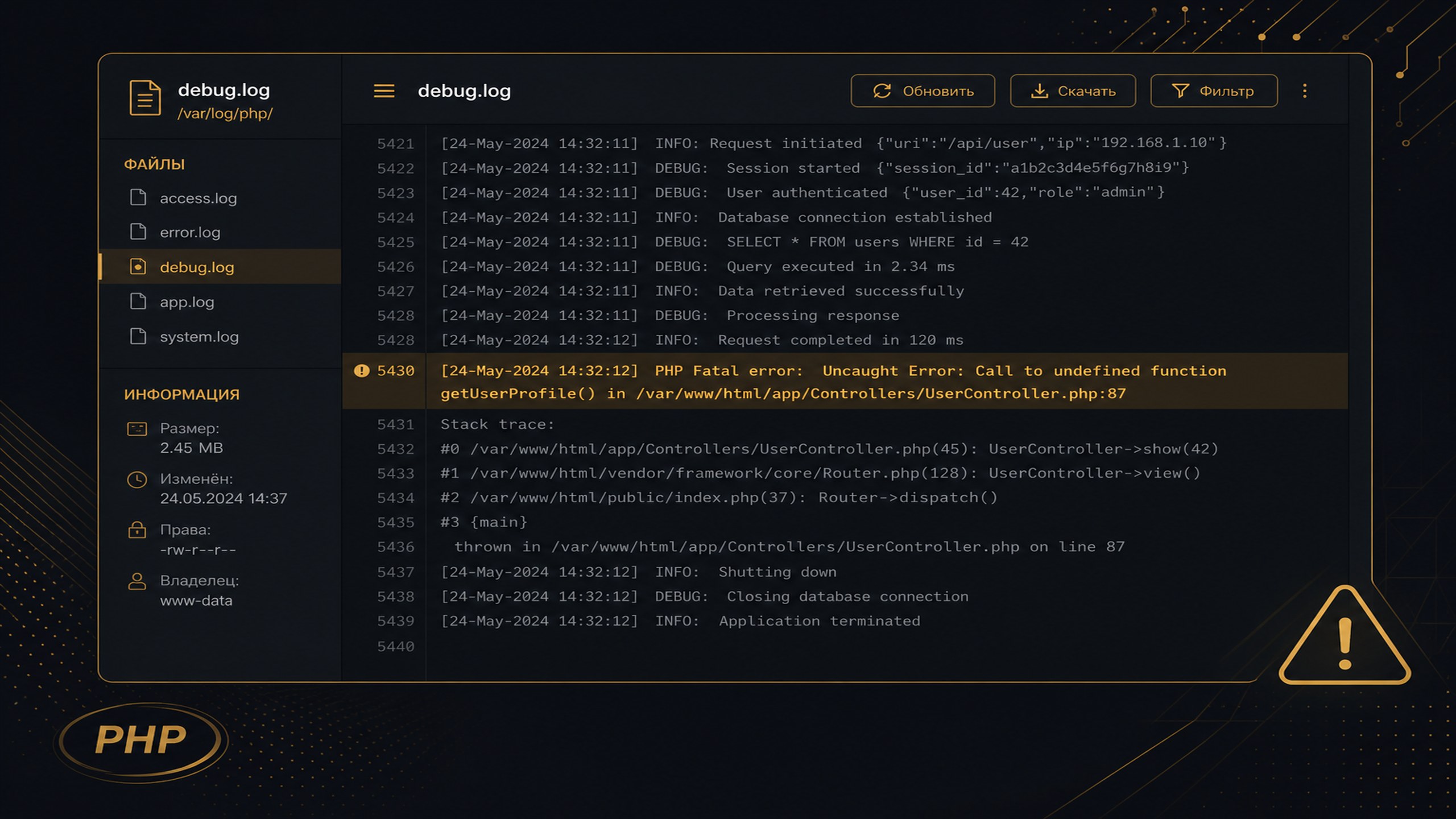Пример fatal error в debug.log WordPress